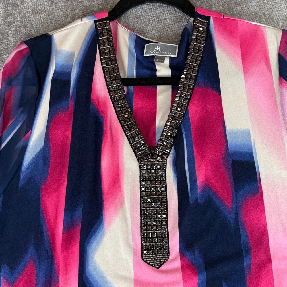 NWT JM Collection 3/4 Long Flutter Bell Sleeve Pink Blue Shirt Blouse Womens L - Picture 4 of 10